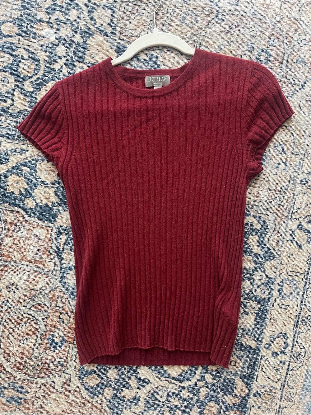J. Crew Cashmere Ribbed Short-Sleeve Sweater Top in Burgundy